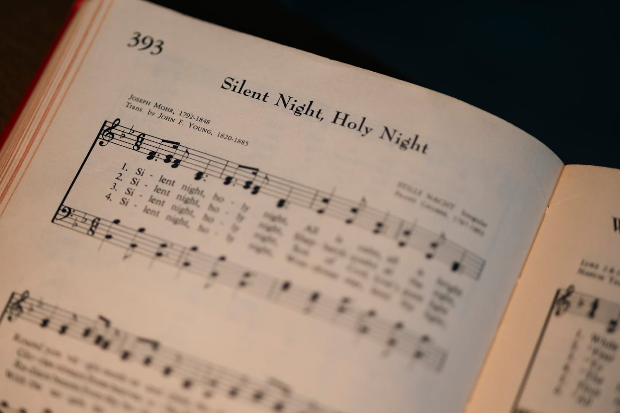Close-up of Silent Night sheet music showcasing classic Christmas carol.